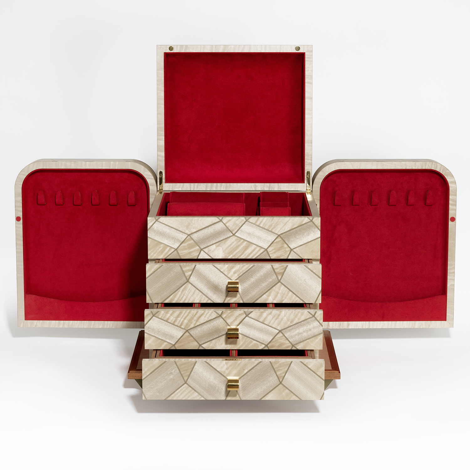 Procreo Adura Jewellery Box open front view cream and gold with red interior.