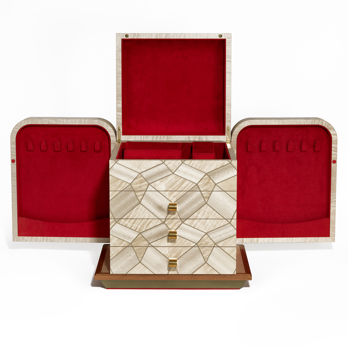 Procreo Adura Jewellery Box half open front view cream and gold with red interior.