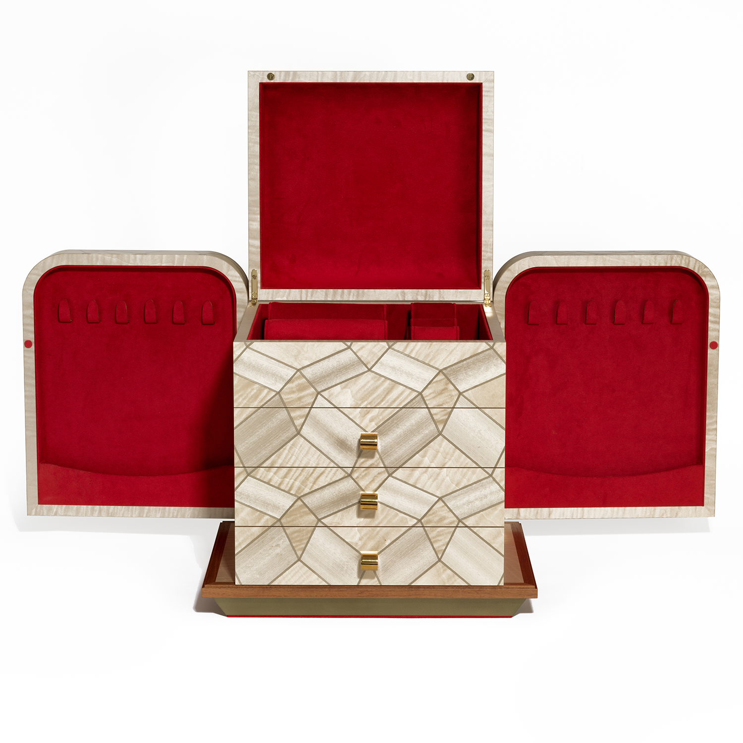 Procreo Adura Jewellery Box half open front view cream and gold with red interior.