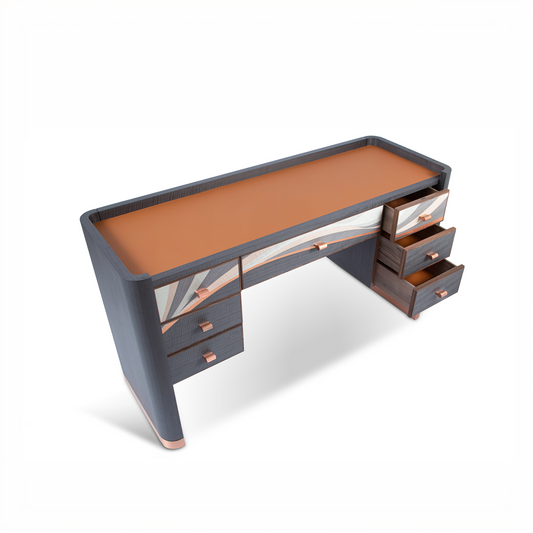 Procreo Emilio Desk from above right side drawers open with  curved marquetry pattern and bronze accents.