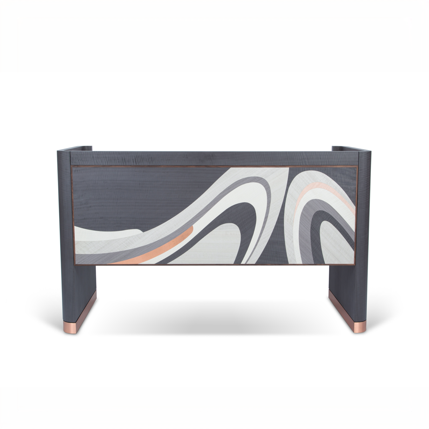 Procreo Emilio Desk centre view with curved marquetry pattern and bronze accents.