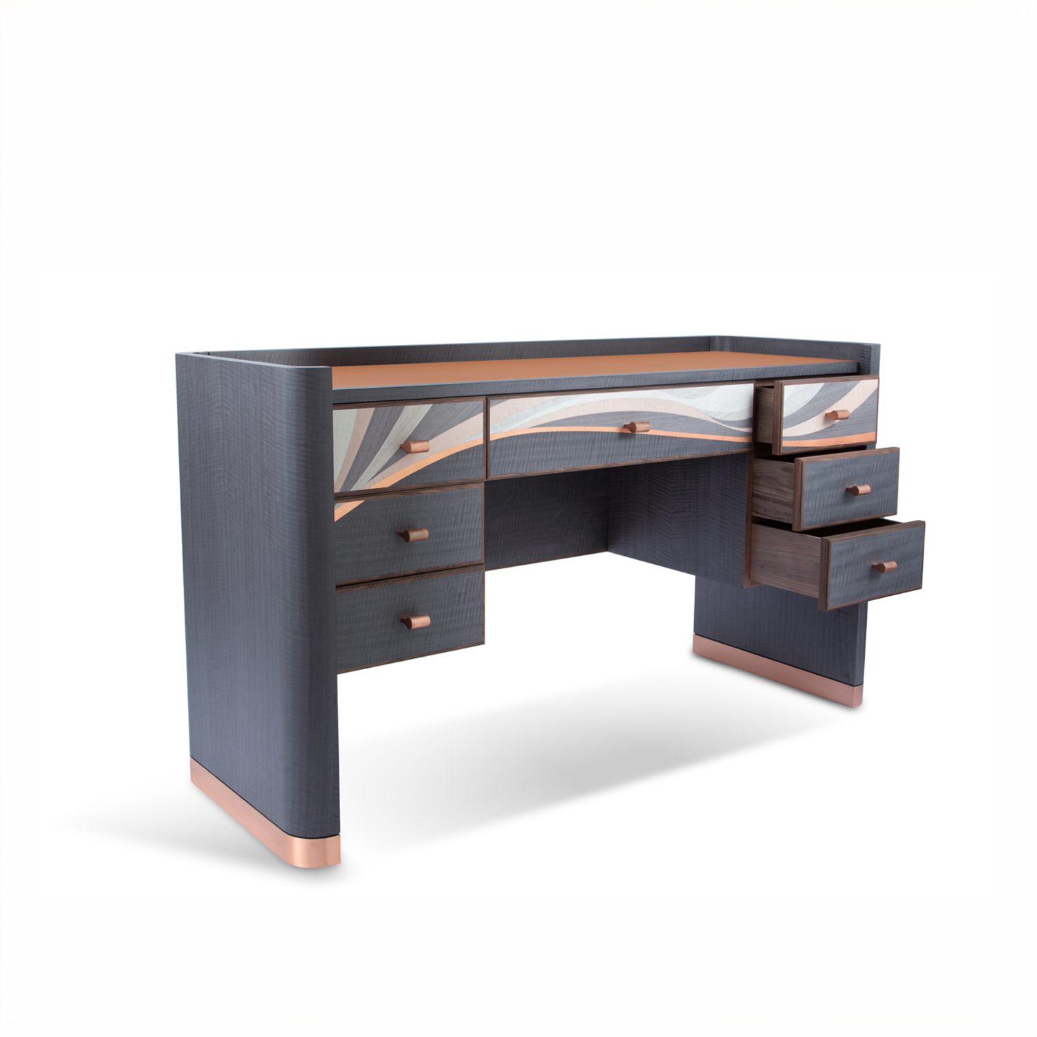 Procreo Emilio Desk centre right view with curved marquetry pattern and bronze accents.