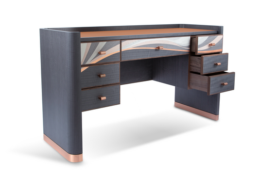 Emilio Desk Semi Side View Open Drawers.