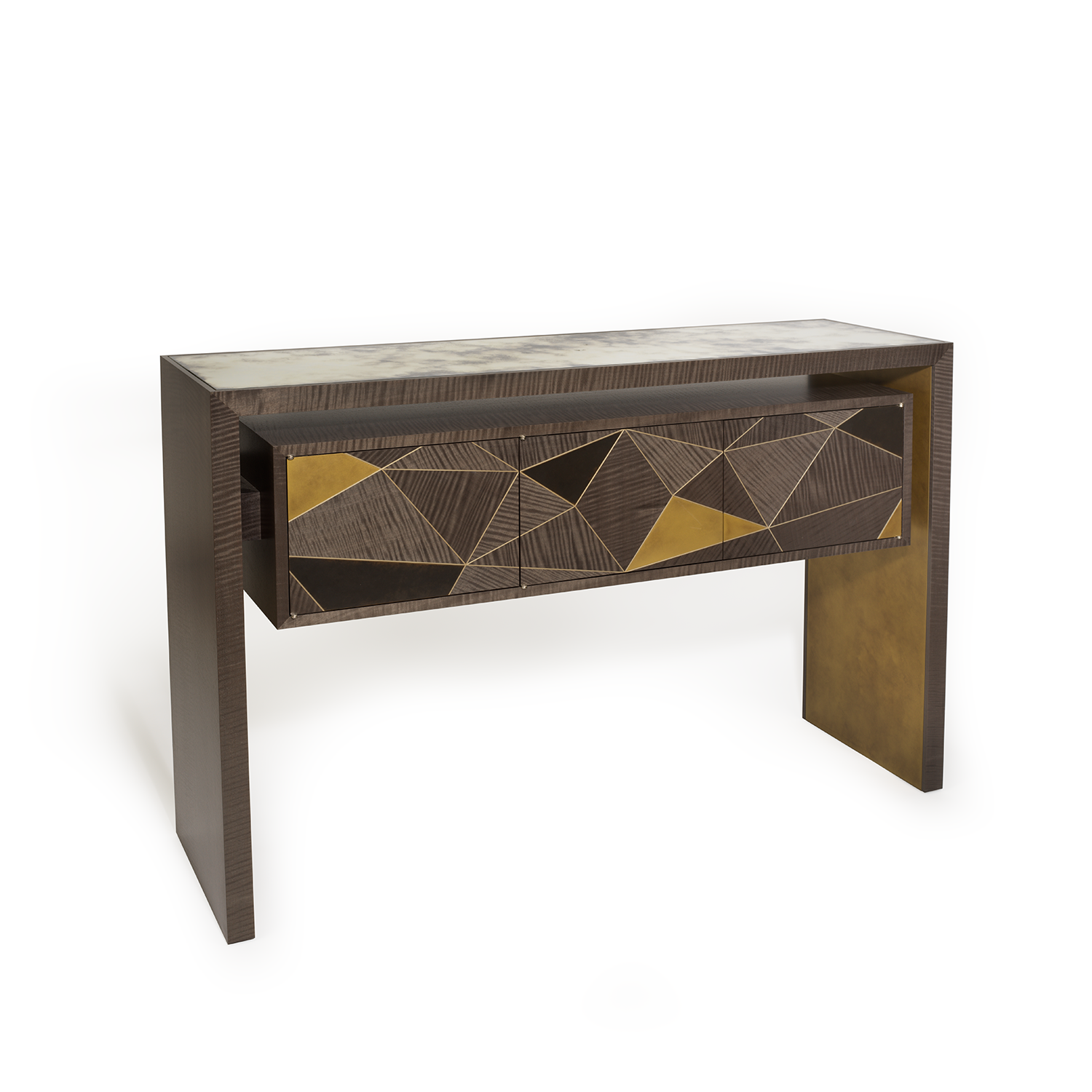 Procreo Italma Desk closed centre right view in gold and black.