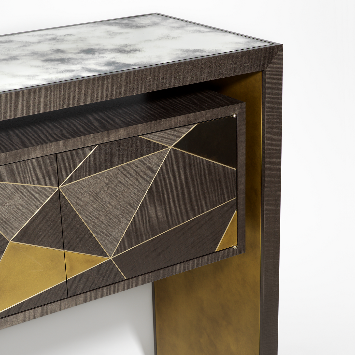 Procreo Italma Desk close up view in gold and brown.