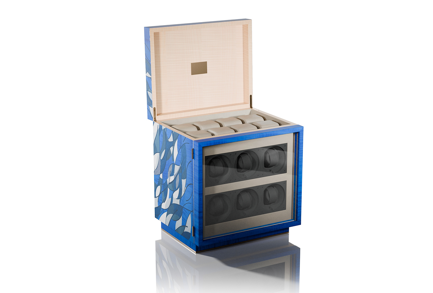 Procreo Agito watch winder box glass window six winders open blue.