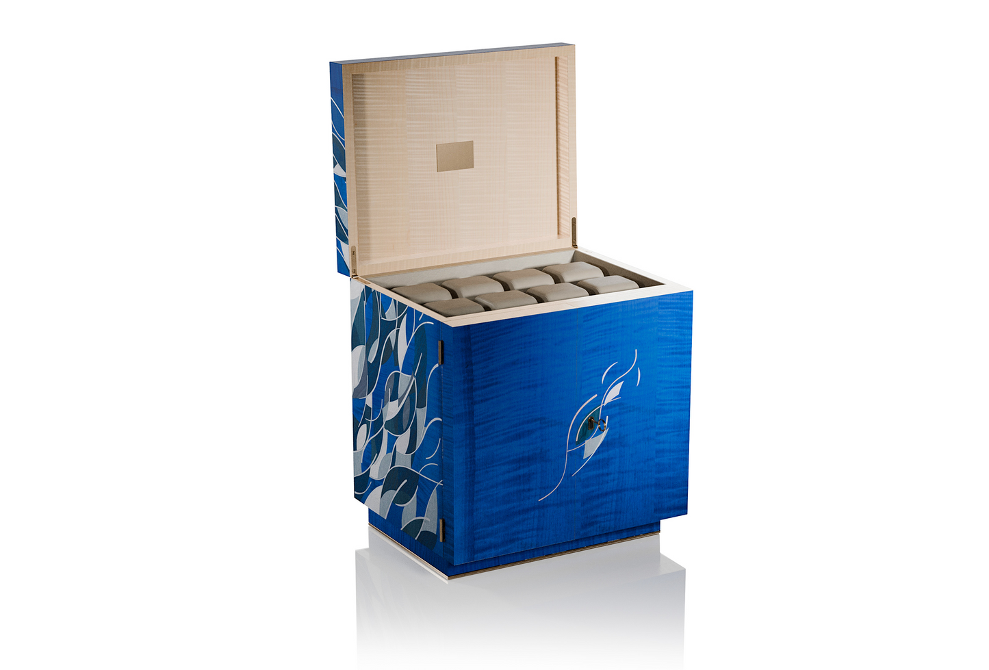 Procreo Agito II watch winder box solid front six winders half open blue.